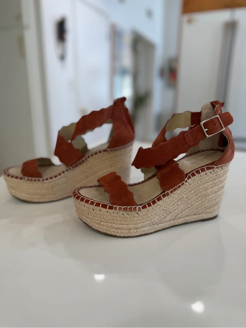 Marc Fisher Rust Suede Scalloped Espadrille Wedges